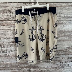 Carbon Anchor Print Men's Board Shorts - Black and Cream